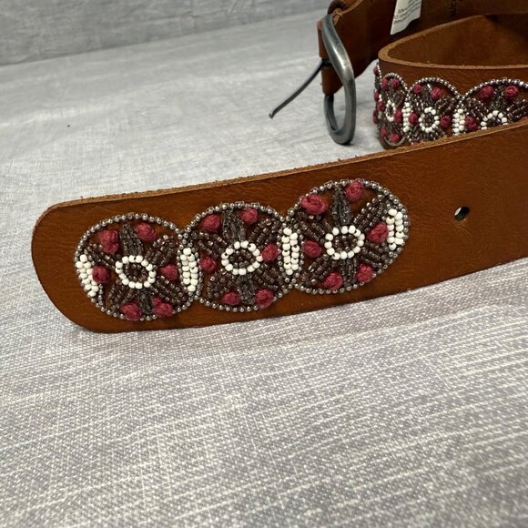 Lucky Brand Brown Leather Beaded Belt Silver-Tone Buckle & Floral Design Size S - Picture 13 of 16